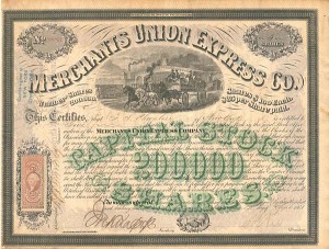 Merchants Union Express Co. - Fantastic Express Stock Certificate with Revenue Stamp